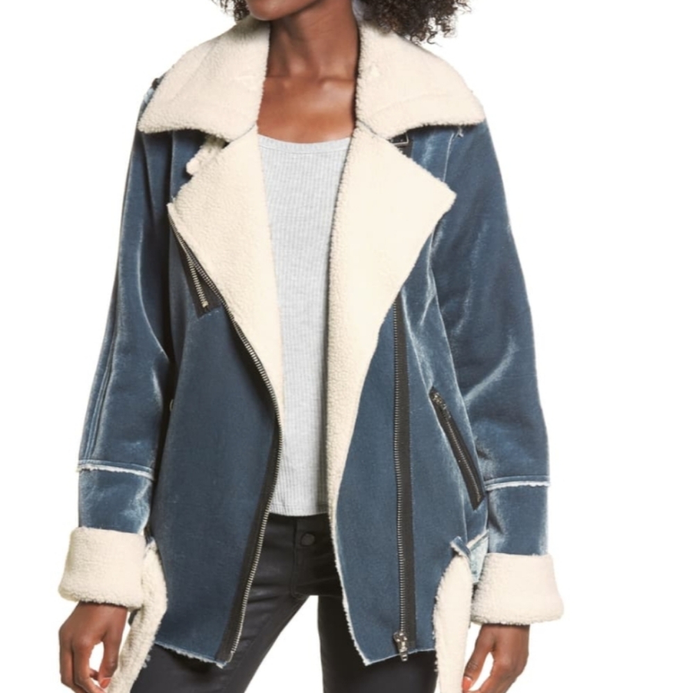 Anthropologie Blue Velvet Jacket with Cream Sherpa Lining